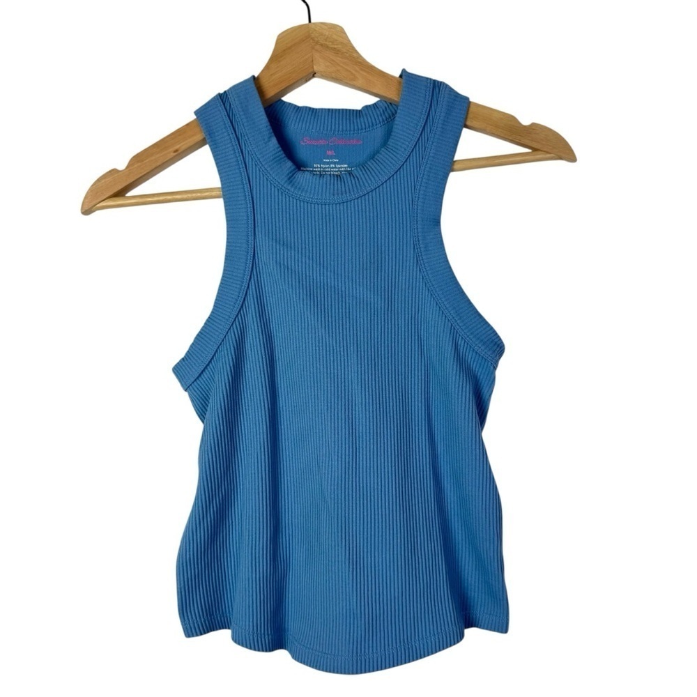 Suzette Collection Blue Ribbed Fitted Scoop Neck Tank Top M/L